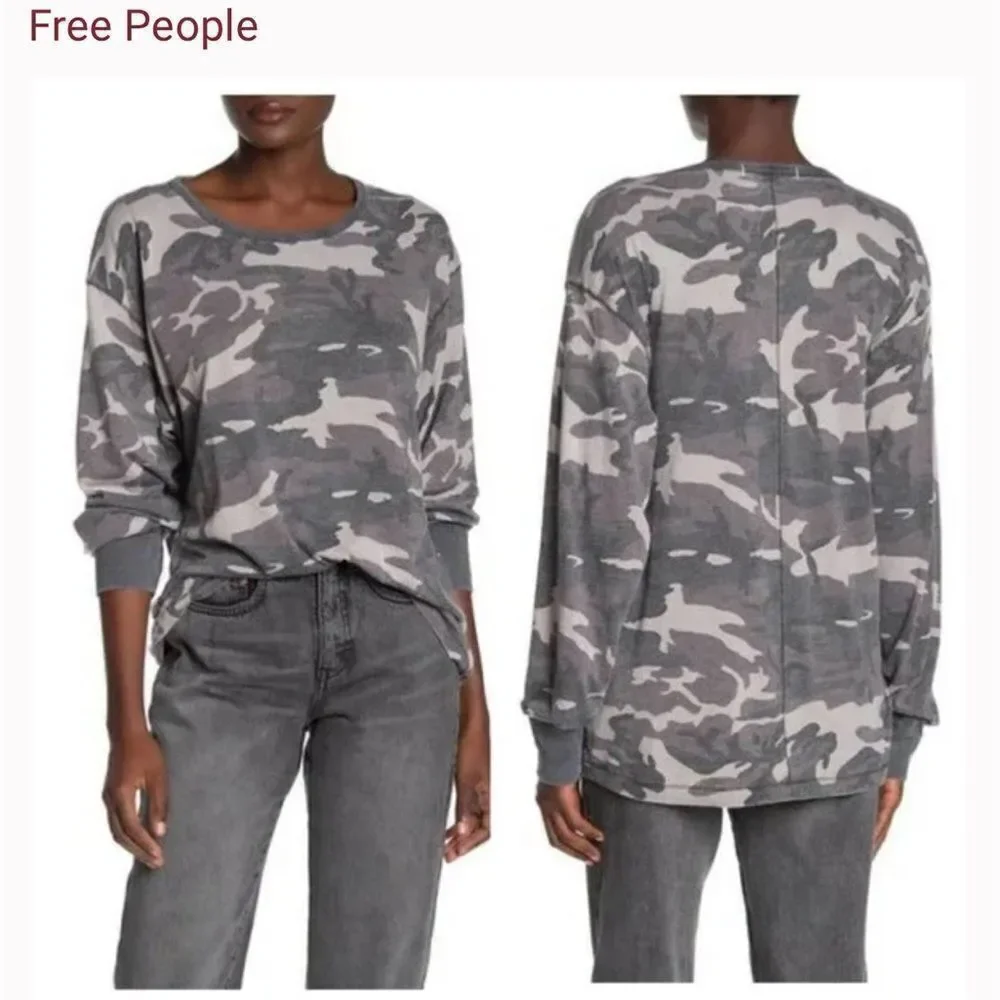 Free People charcoal combo camo Arielle top. Small. NWT - Picture 3 of 7